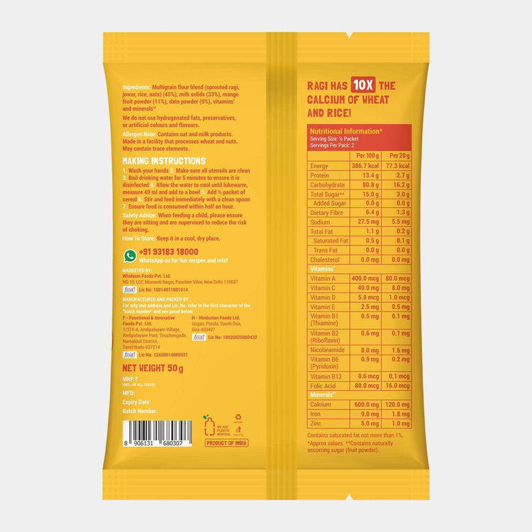 Slurrp Farm Baby Cereal TRIAL PACK - Ragi & Rice Cereal: Mango (No Added Sugar), 50g Pack