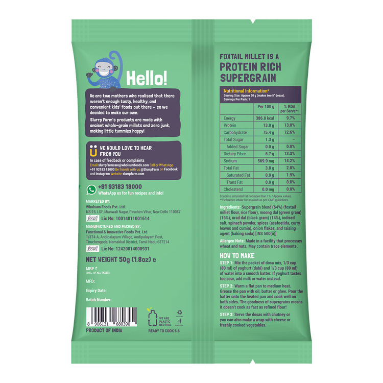 Slurrp Farm Spinach Dosa TRIAL PACK - Protein Rich Millet Dosa Mix Spinach (Gluten Free Ingredients), 50g