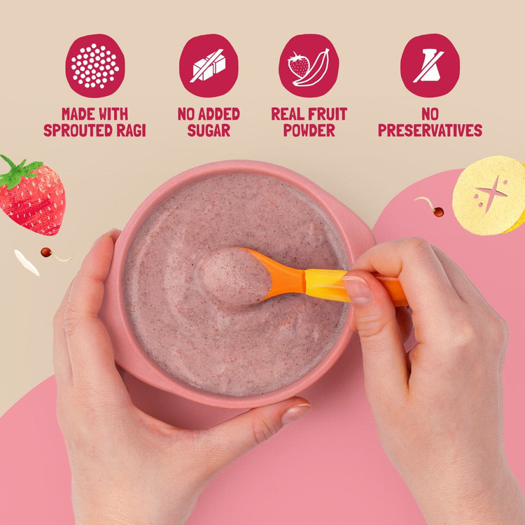Slurrp Farm First Bites First Bites Strawberry, Sprouted Ragi & Rice Cereal with Milk for Little Ones