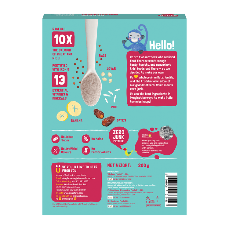 Slurrp Farm Cereal pack of 1 Banana, Ragi and Rice Cereal with Milk