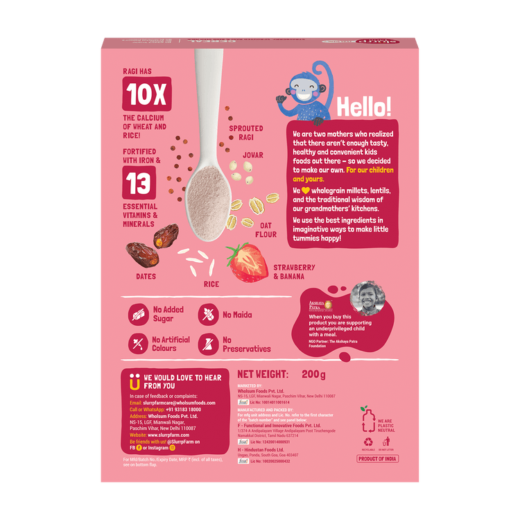 Slurrp Farm First Bites First Bites Strawberry, Sprouted Ragi & Rice Cereal with Milk for Little Ones