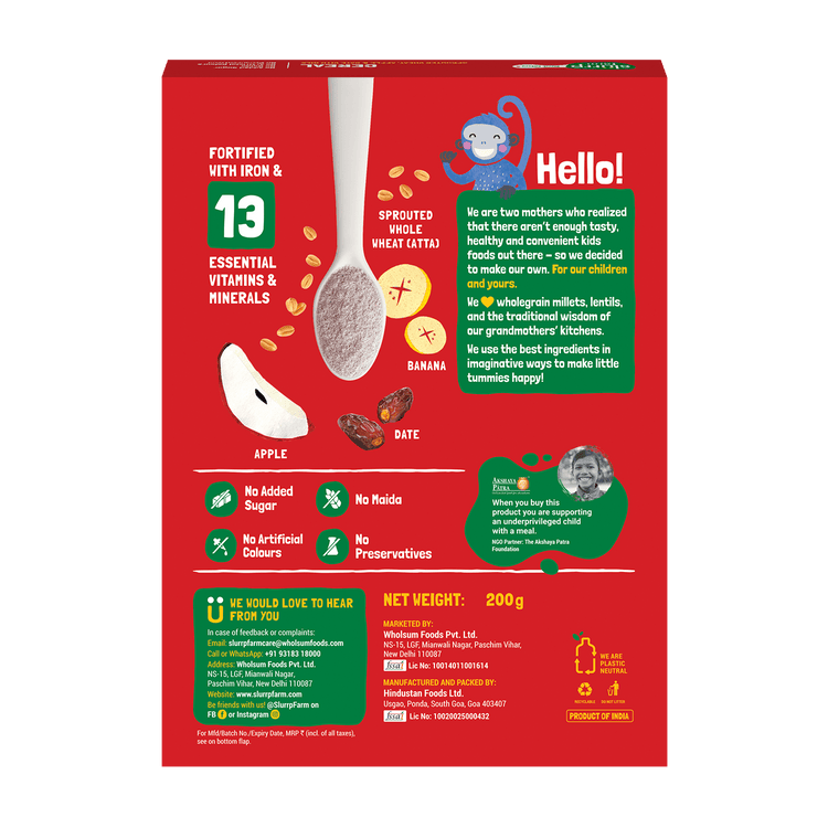 Slurrp Farm Slurrp Farm First Bites Cereal - Sprouted Wheat, Apple & Date With Milk, 200 g