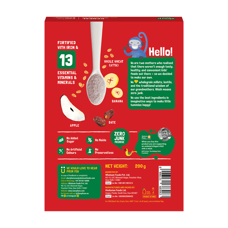 Slurrp Farm Cereal Wheat, Apple & Date with Milk | Instant Cereal