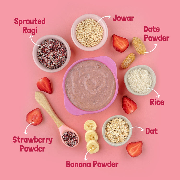 Slurrp Farm First Bites First Bites Strawberry, Sprouted Ragi & Rice Cereal with Milk for Little Ones