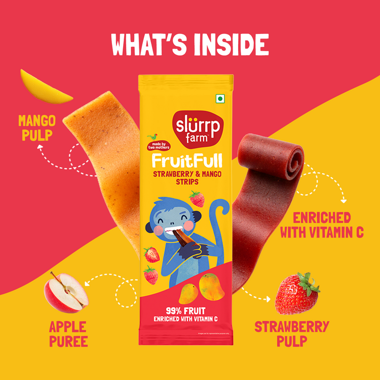 Slurrp Farm Made with 99% Fruit | FruitFull Strawberry and Mango Strips