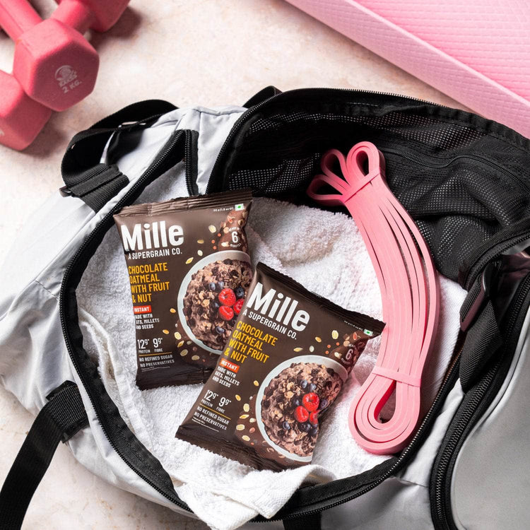 Mille Supergrain Chocolate Oats with millets | Power of 5 Grains, Flax seeds, Almonds & Raisins | 100% real cocoa | Breakfast Oats 50g