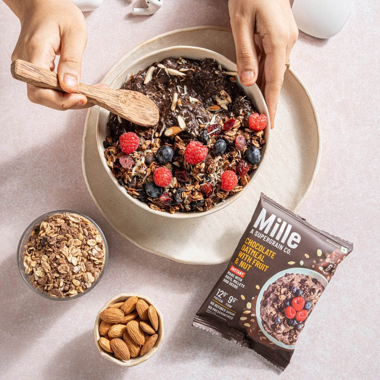 Mille Supergrain Chocolate Oats with millets | Power of 5 Grains, Flax seeds, Almonds & Raisins | 100% real cocoa | Breakfast Oats 50g