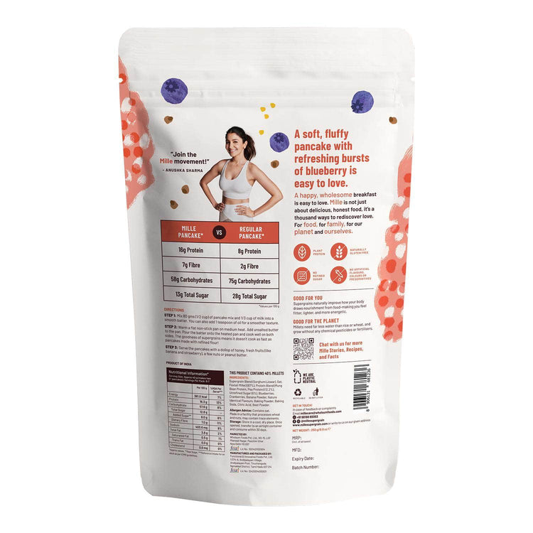 Mille Supergrain Blueberry Pancake mix | Real blueberries | No maida, 16g Protein