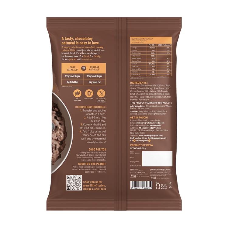 Mille Supergrain Chocolate Oats with millets | Power of 5 Grains, Flax seeds, Almonds & Raisins | 100% real cocoa | Breakfast Oats 50g