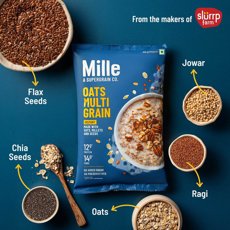 Mille Supergrain Mille Multigrain Oats | Instant, 0 added sugar | 25% of your daily Fibre | Power of 7 super foods with Oats. Ragi, Jowar, Chia & Flax Seeds