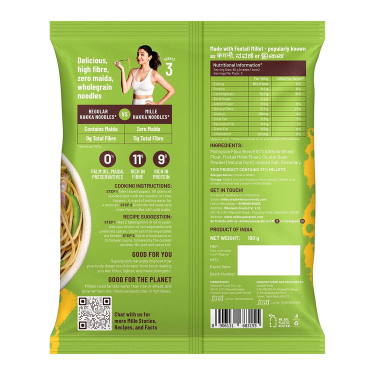 Mille Website Zero Maida Hakka Noodles | Whole wheat + Foxtail Millet | Non-sticky | No Palm Oil