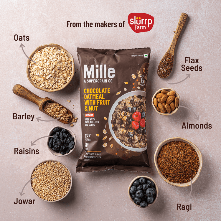 Mille Supergrain Mille Instant Chocolate Oats with Ragi, Jowar | Power of 5 Grains, Flax seeds, Almonds & Raisins | 100% real cocoa | Breakfast Oats 400g
