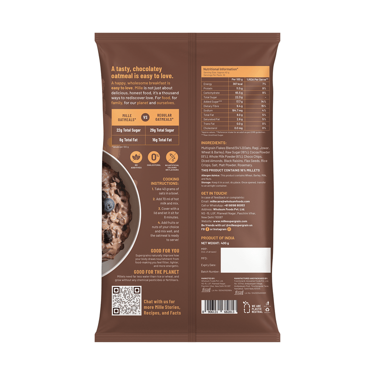 Mille Supergrain Mille Instant Chocolate Oats with Ragi, Jowar | Power of 5 Grains, Flax seeds, Almonds & Raisins | 100% real cocoa | Breakfast Oats 400g