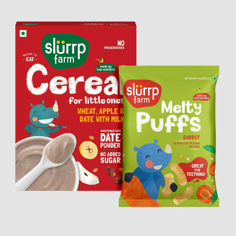 Slurrp Farm Wheat, Apple & Date Cereal & Carrot Flavoured Teething Puff Combo