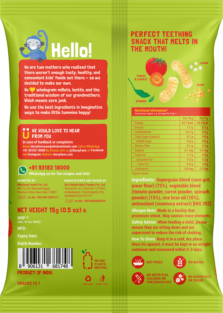 Slurrp Farm Teething Millet Puffs - Carrot Flavour