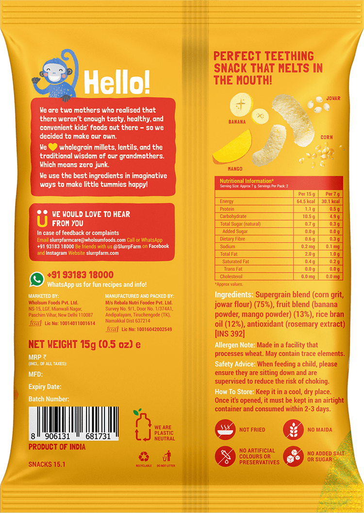 Slurrp Farm Teething Millet Puffs - Mango & Banana Flavour