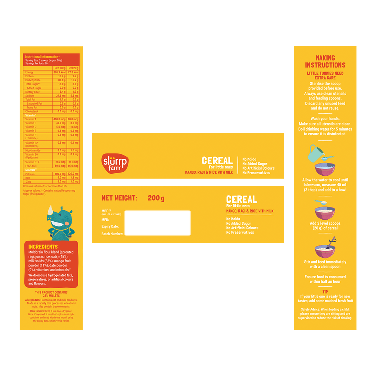 Slurrp Farm Cereal pack of 1 Mango, Ragi and Rice Cereal with Milk