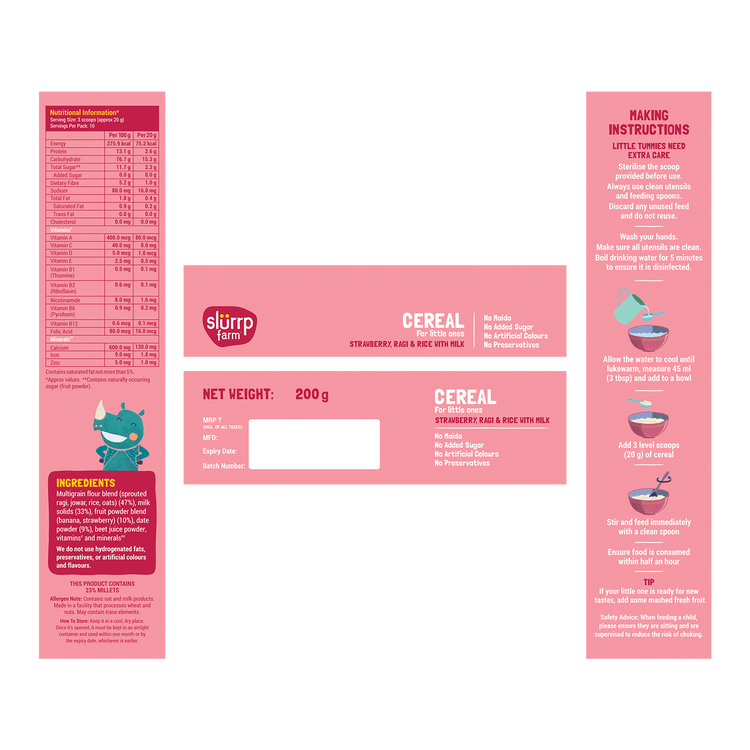 Slurrp Farm Cereal pack of 1 Strawberry, Ragi & Rice Cereal with Milk