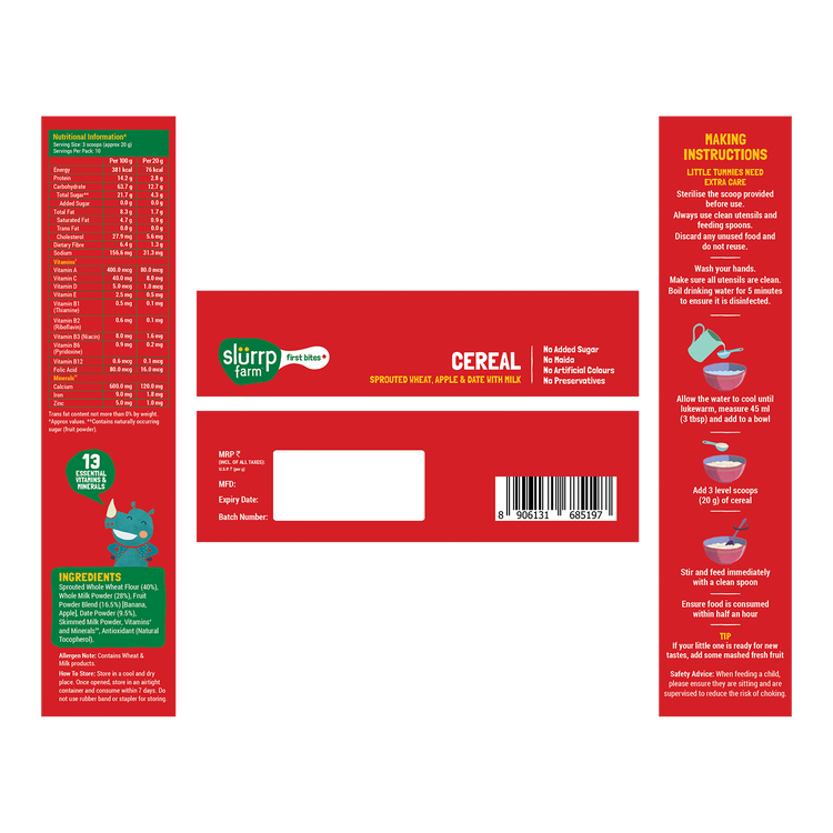 Slurrp Farm First Bites First Bites Sprouted Wheat, Apple and Date Cereal with Milk for Little Ones