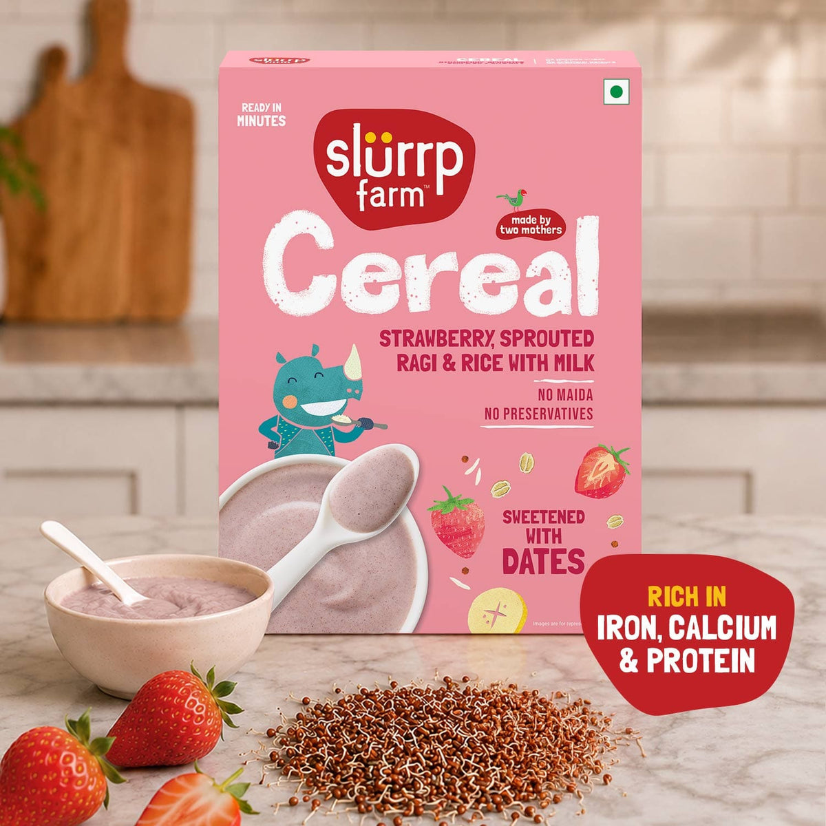 Slurrp Farm Cereal Strawberry, Ragi & Rice Cereal with Milk