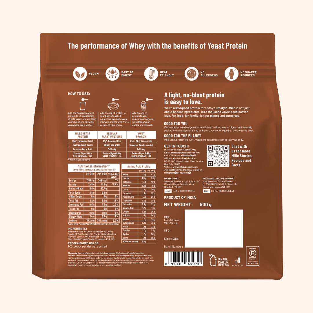 Slurrp Farm MSD Protein Mille Protein | 25g/Scoop | Coffee Hazelnut | Fermented Yeast Protein | No Bloat I Vegan  | 500g