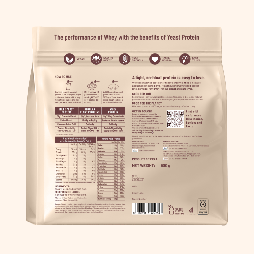 Slurrp Farm MSD Protein Pack of 1 Mille Protein | 31g/Scoop | Unflavoured | Fermented Yeast Protein | No Bloat I Vegan  | 500g