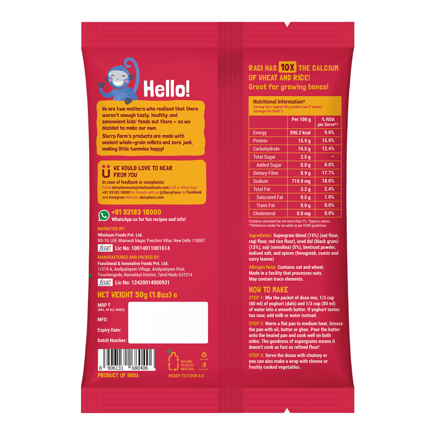 Slurrp Farm Beetroot Dosa TRIAL PACK - Multigrain Millet Dosa Mix Beetroot, 50g