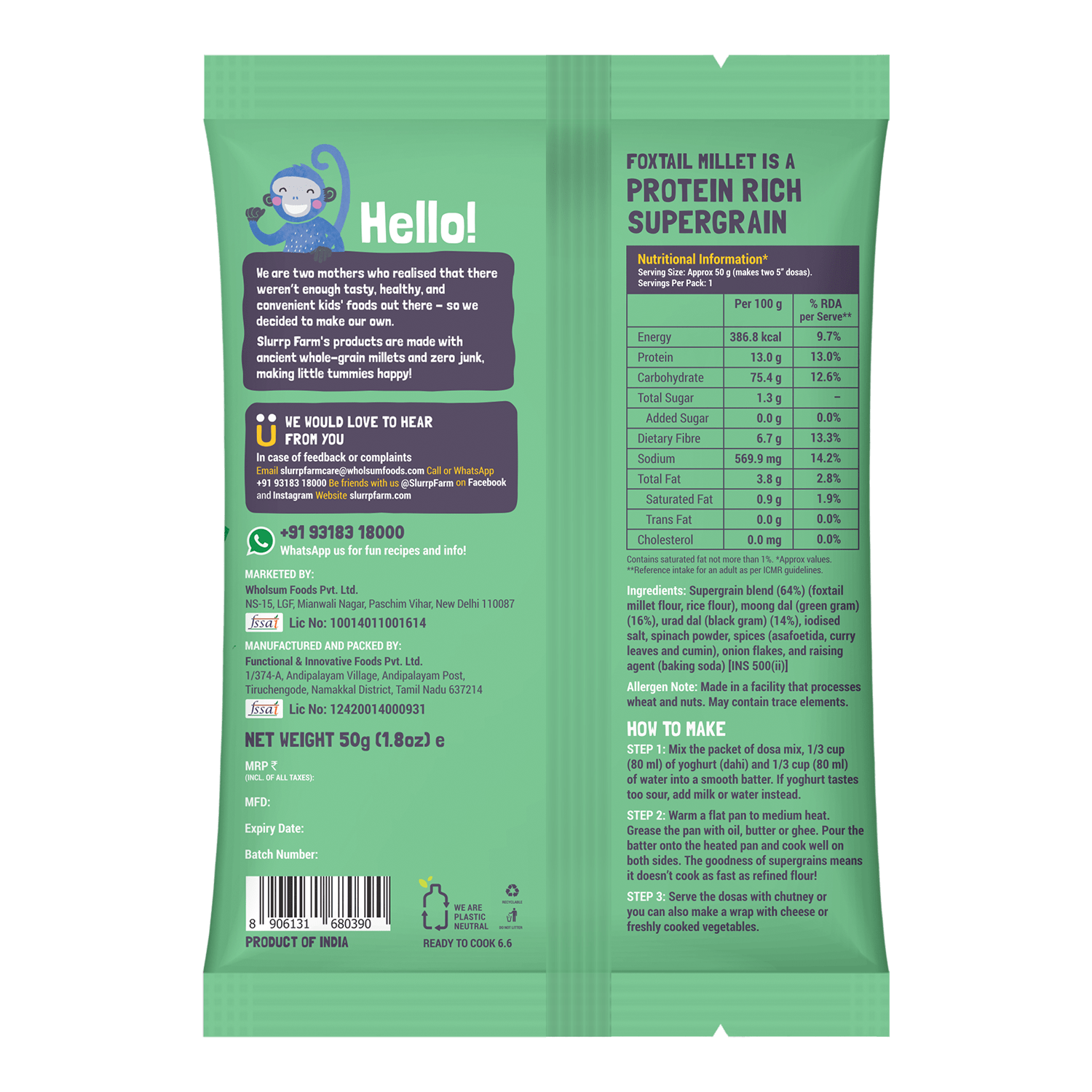 Slurrp Farm Spinach Dosa TRIAL PACK - Protein Rich Millet Dosa Mix Spinach (Gluten Free Ingredients), 50g