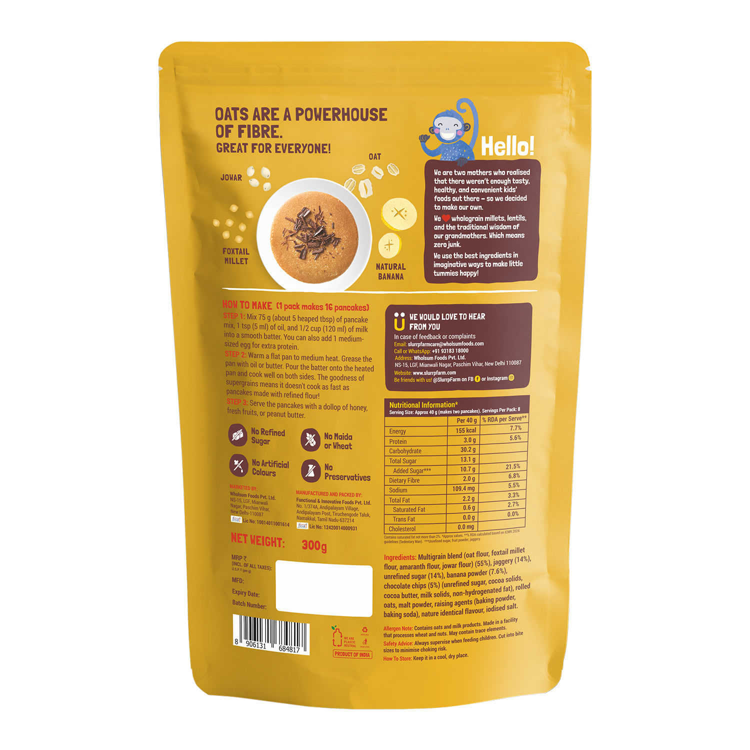 Slurrp Farm Pancake Banana Choco-Chip Millet Pancake Mix 300-gm Family Pack (Stock Up & Save)