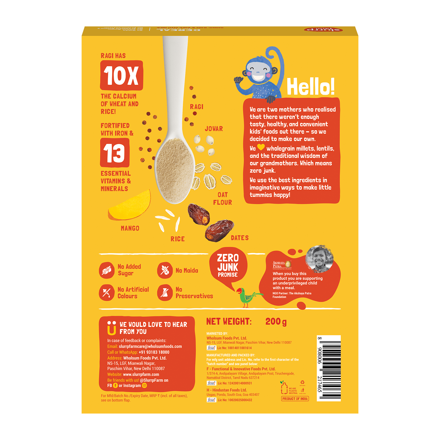 Slurrp Farm Cereal pack of 1 Mango, Ragi and Rice Cereal with Milk