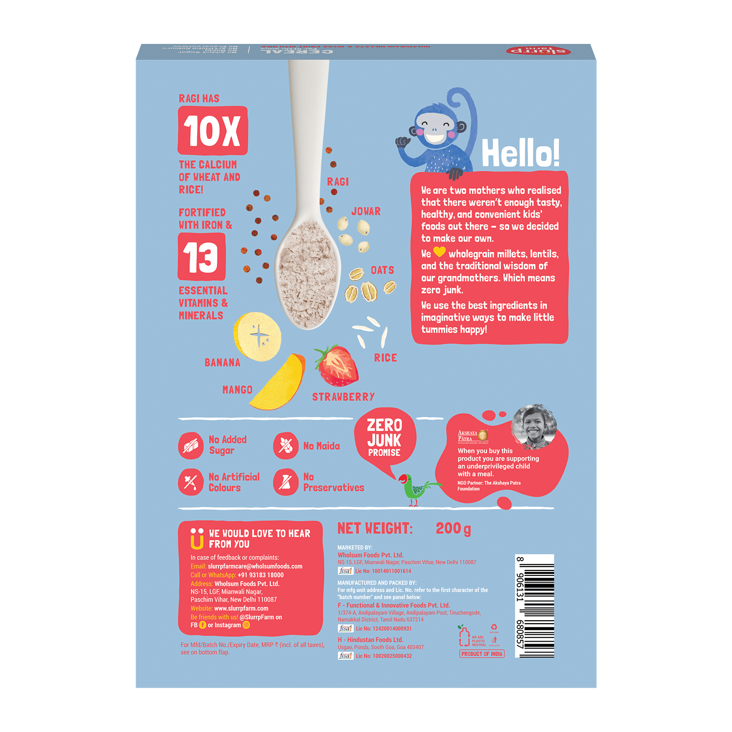 Slurrp Farm Cereal Multigrain Millets and Mixed Fruit Cereal with Milk