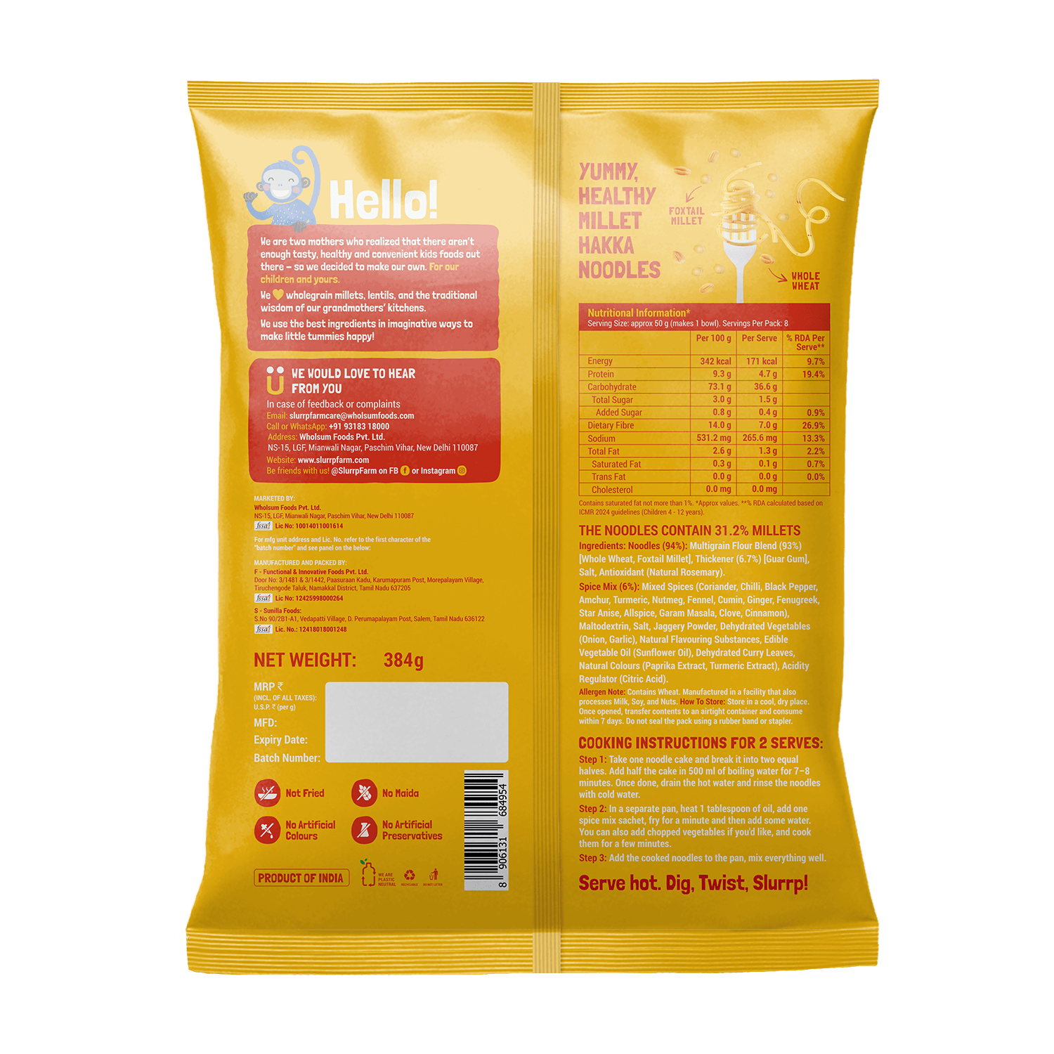 Slurrp Farm Hakka Noodle Millet Noodles - Classic Masala Family Pack (Serves 8)