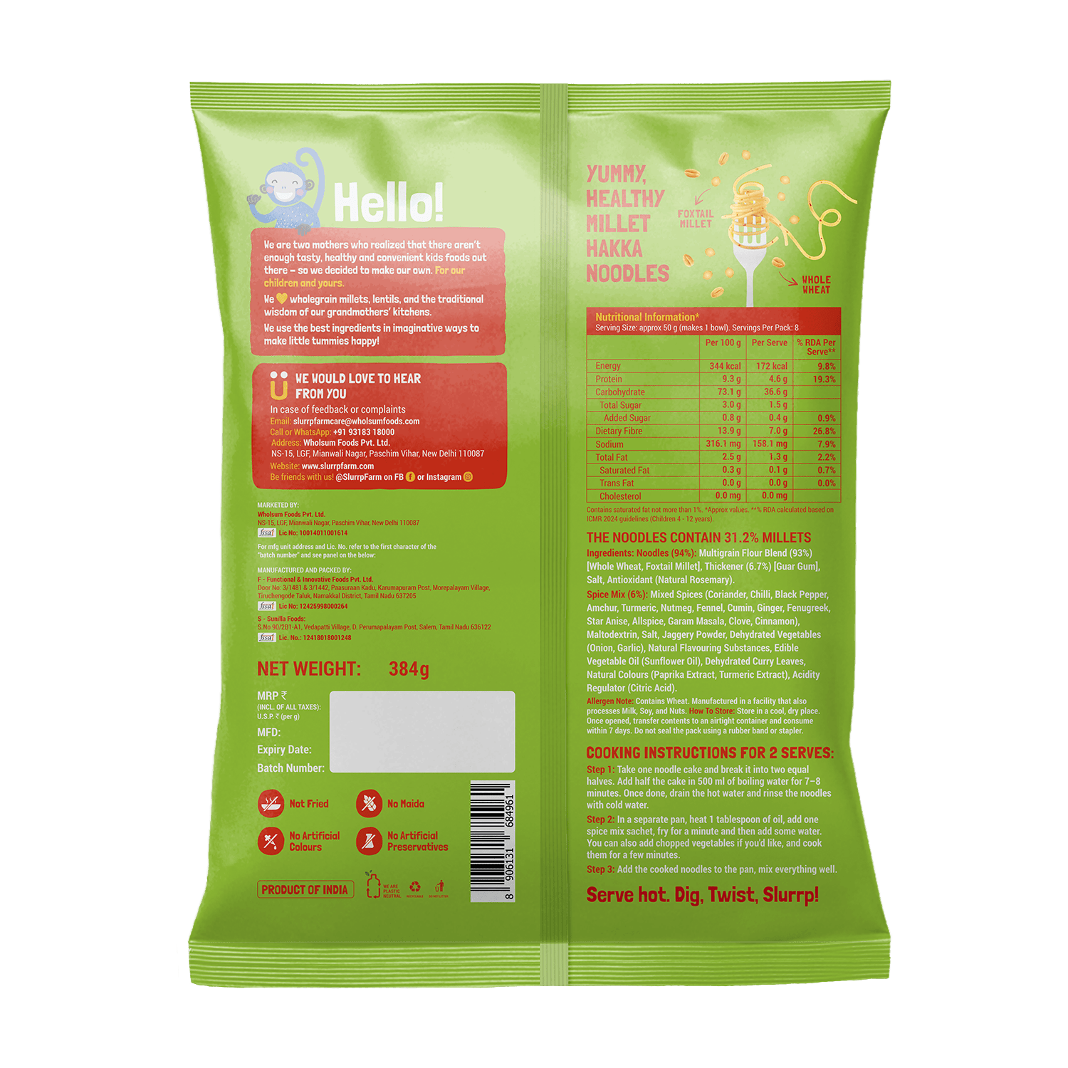 Slurrp Farm Hakka Noodle Mild Masala – Serves 8 (384 gms)