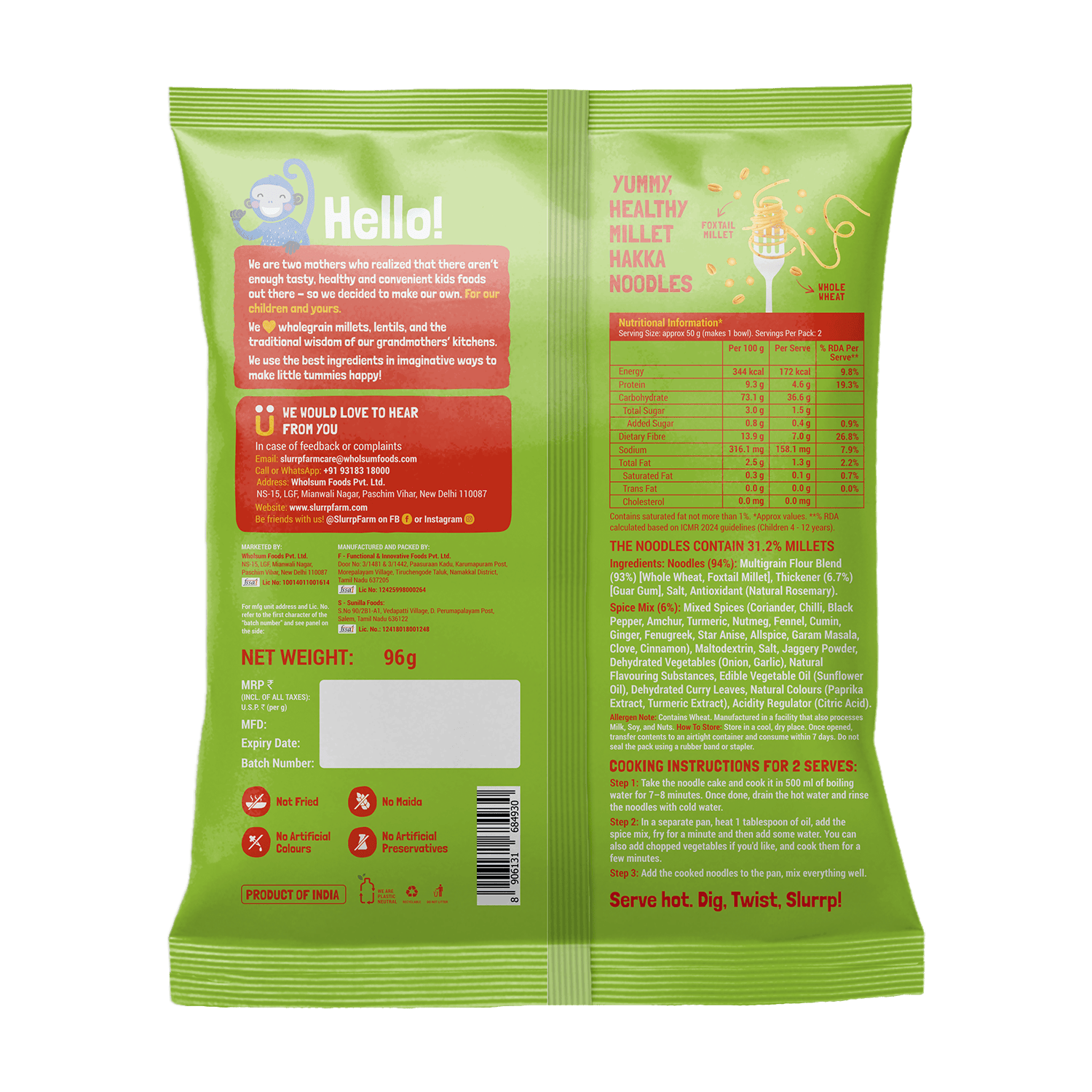 Slurrp Farm Instant Noodle Millet Noodles - Mild Masala (Serves 2)