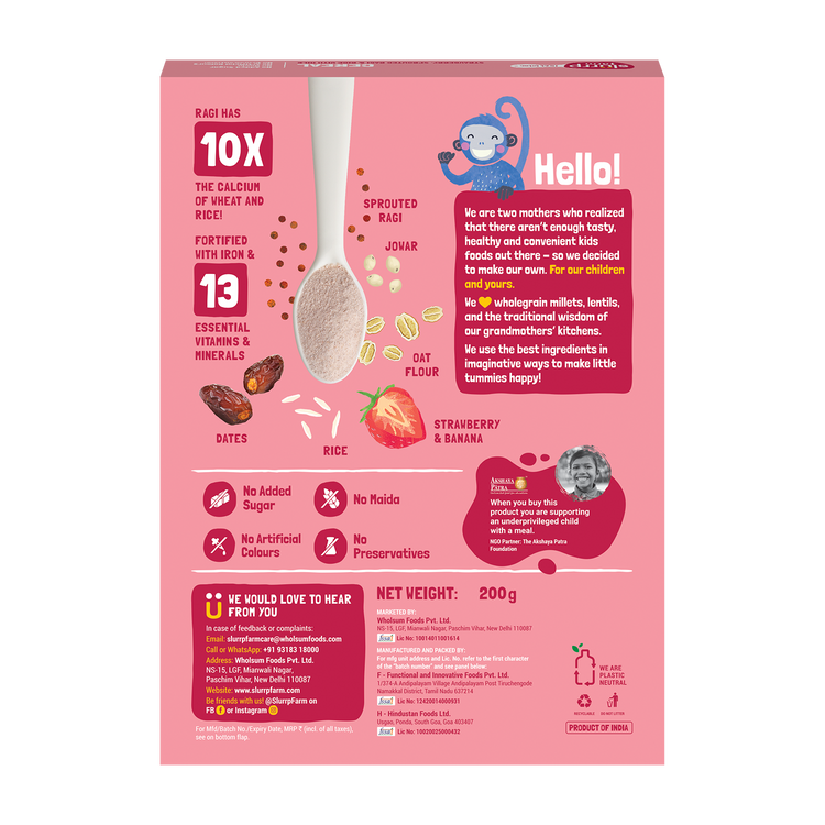 Slurrp Farm First Bites First Bites Strawberry, Sprouted Ragi & Rice Cereal with Milk for Little Ones