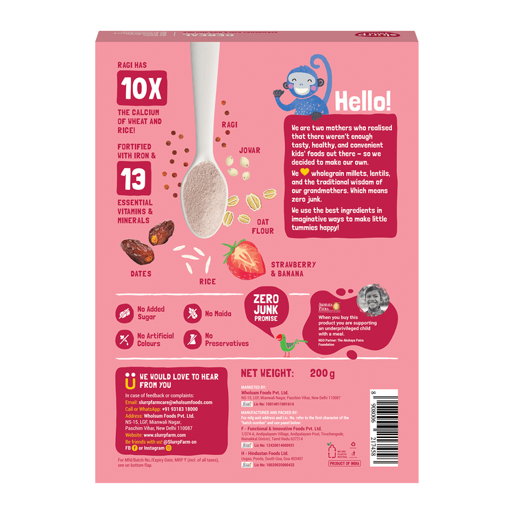 Slurrp Farm Cereal pack of 1 Strawberry, Ragi & Rice Cereal with Milk