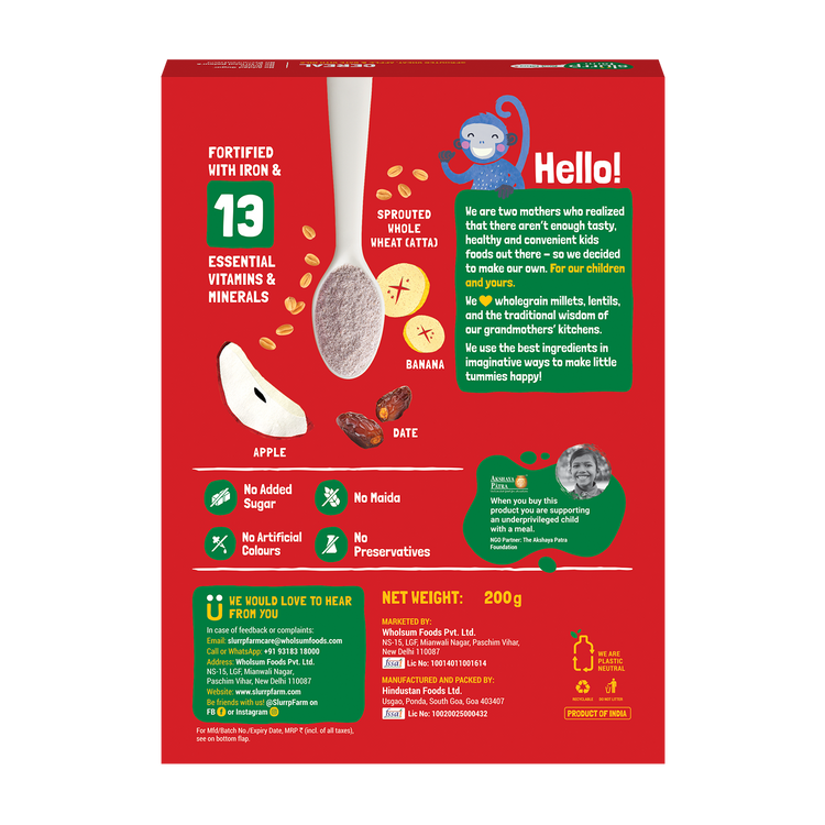 Slurrp Farm First Bites First Bites Sprouted Wheat, Apple and Date Cereal with Milk for Little Ones