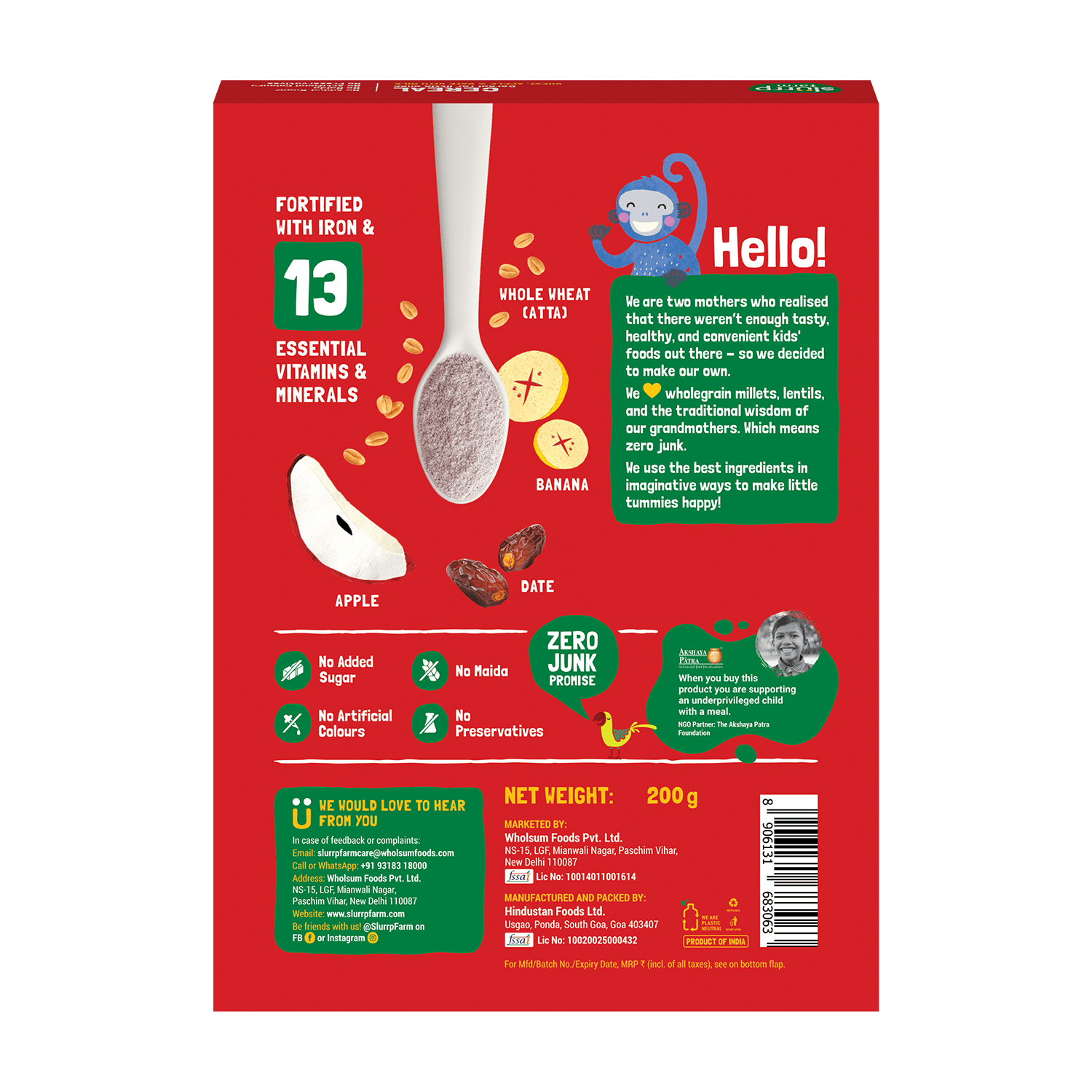 Slurrp Farm Cereal Wheat, Apple & Date with Milk | Instant Cereal