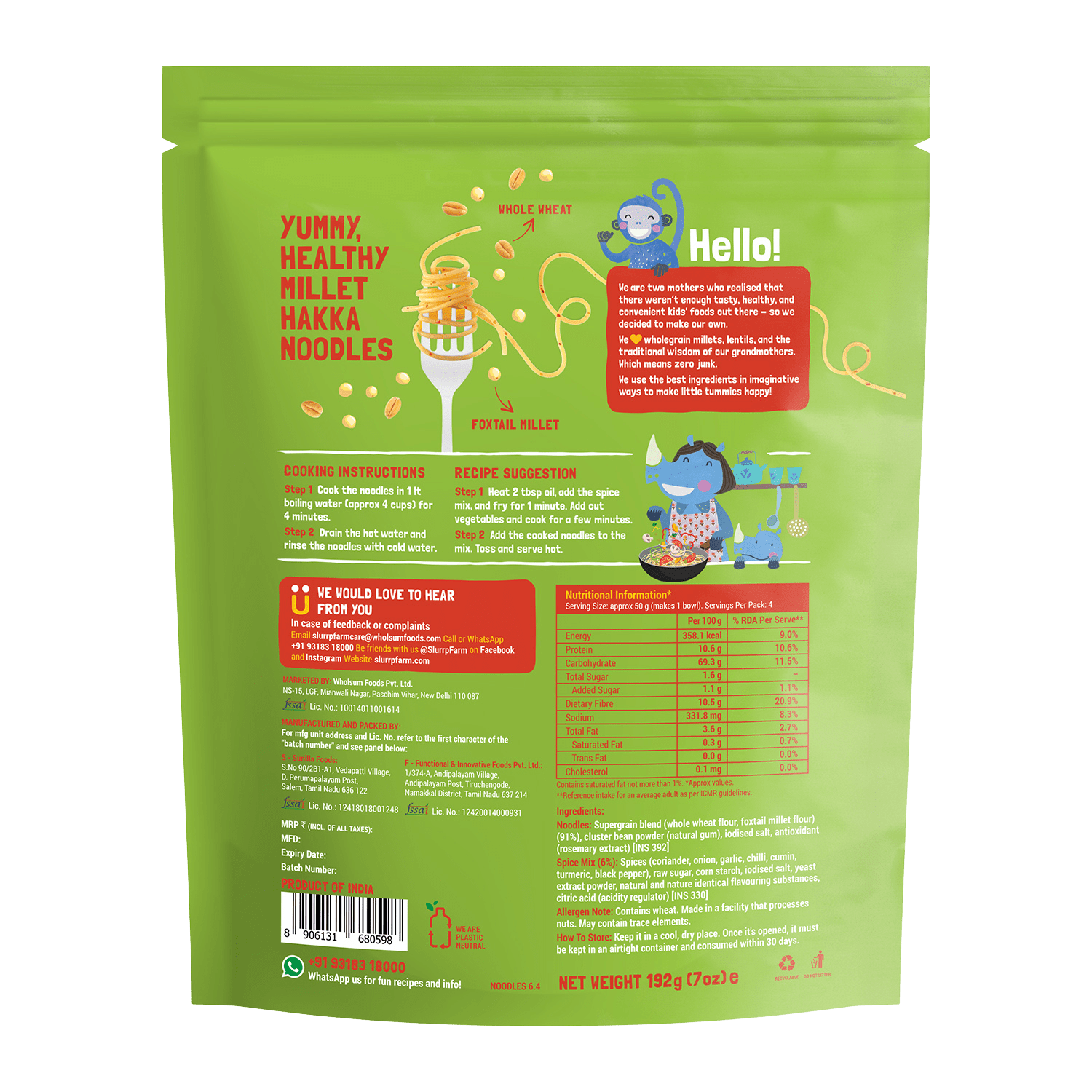 Slurrp Farm pack of 1 Millet Noodles - Mild Masala