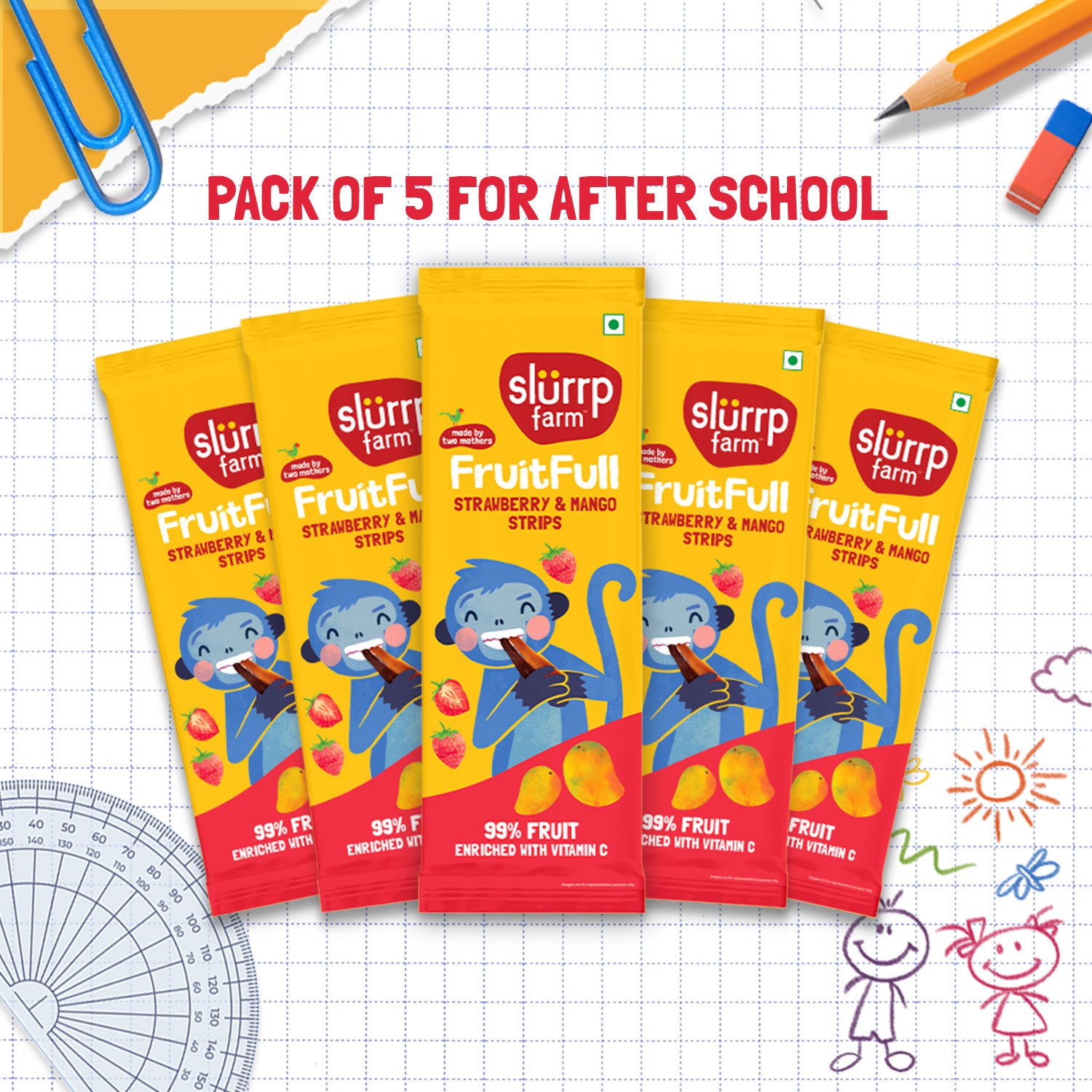 Slurrp Farm Fruitfull Made with 99% Fruit | FruitFull Strips - Pack of 5 for School | Strawberry and Mango