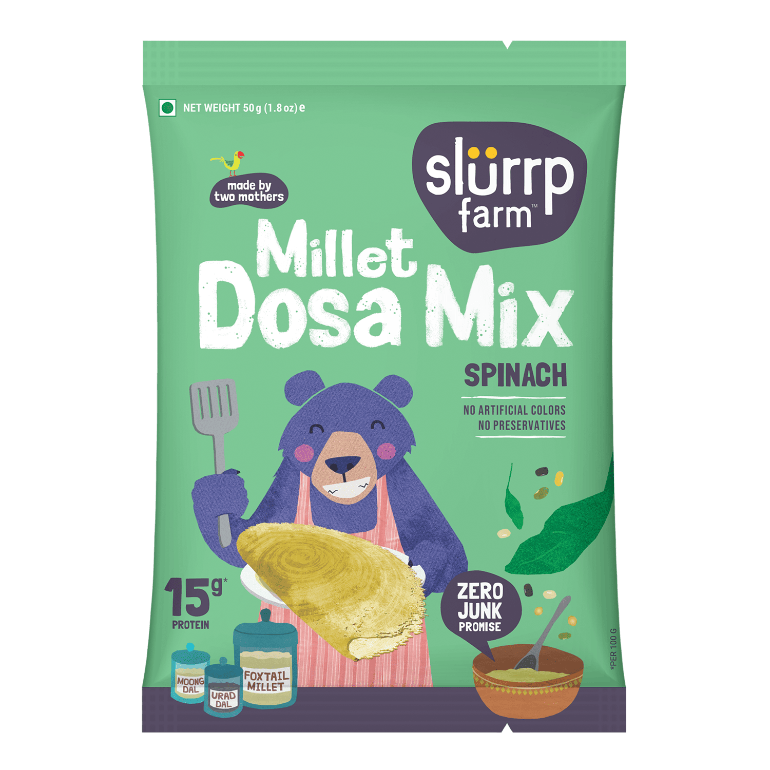 Slurrp Farm Spinach Dosa Trial Pack - Protein Rich Millet Dosa Mix Spinach (Gluten Free Ingredients), 50g