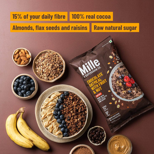 Mille Supergrain Chocolate Oats with millets | Power of 5 Grains, Flax seeds, Almonds & Raisins | 100% real cocoa | Breakfast Oats 400g