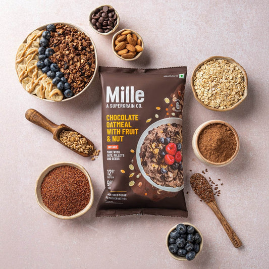 Mille Supergrain Chocolate Oats with millets | Power of 5 Grains, Flax seeds, Almonds & Raisins | 100% real cocoa | Breakfast Oats 400g