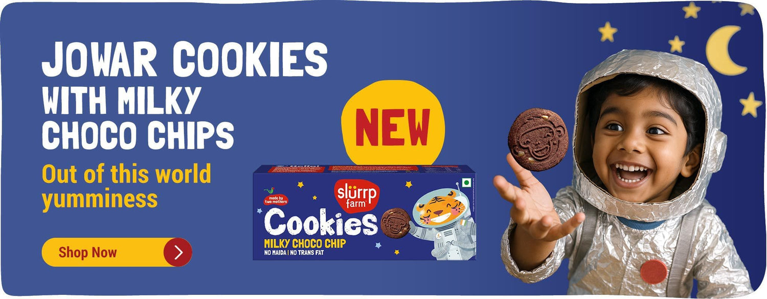 Advertisement for Jowar Cookies with Milky Choco Chips featuring a child in an astronaut suit.
