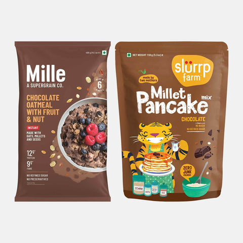 Instant Breakfast Combo: Mille Chocolate Oats & Mille Chocolate Pancake Mix | High-Fibre | Protein-Rich | 100% Real Ingredients | Made with Millets