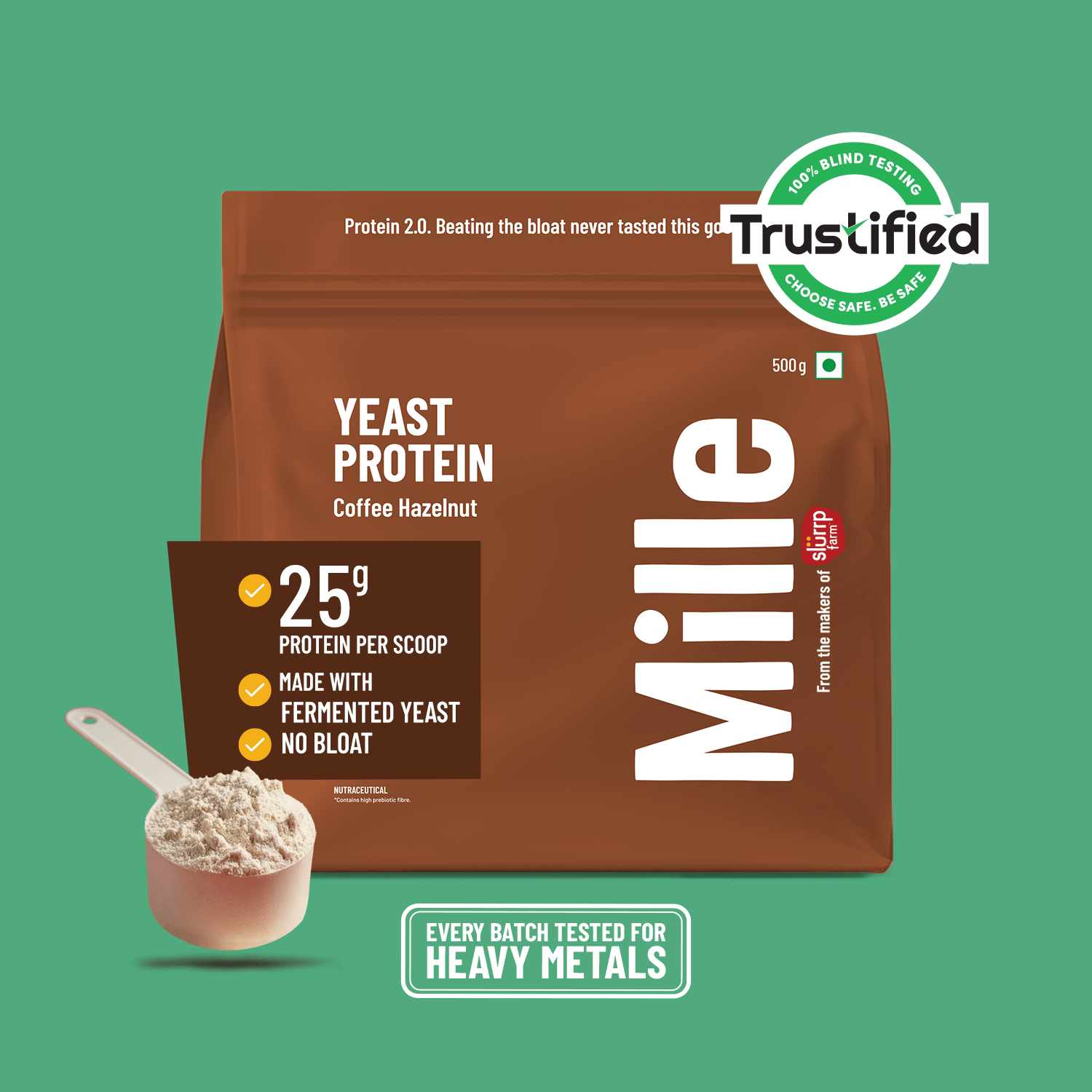 Slurrp Farm MSD Protein Mille Plant Protein | 25g/Scoop | Coffee Hazelnut | Fermented Yeast Protein | No Bloat I Vegan  | 500g