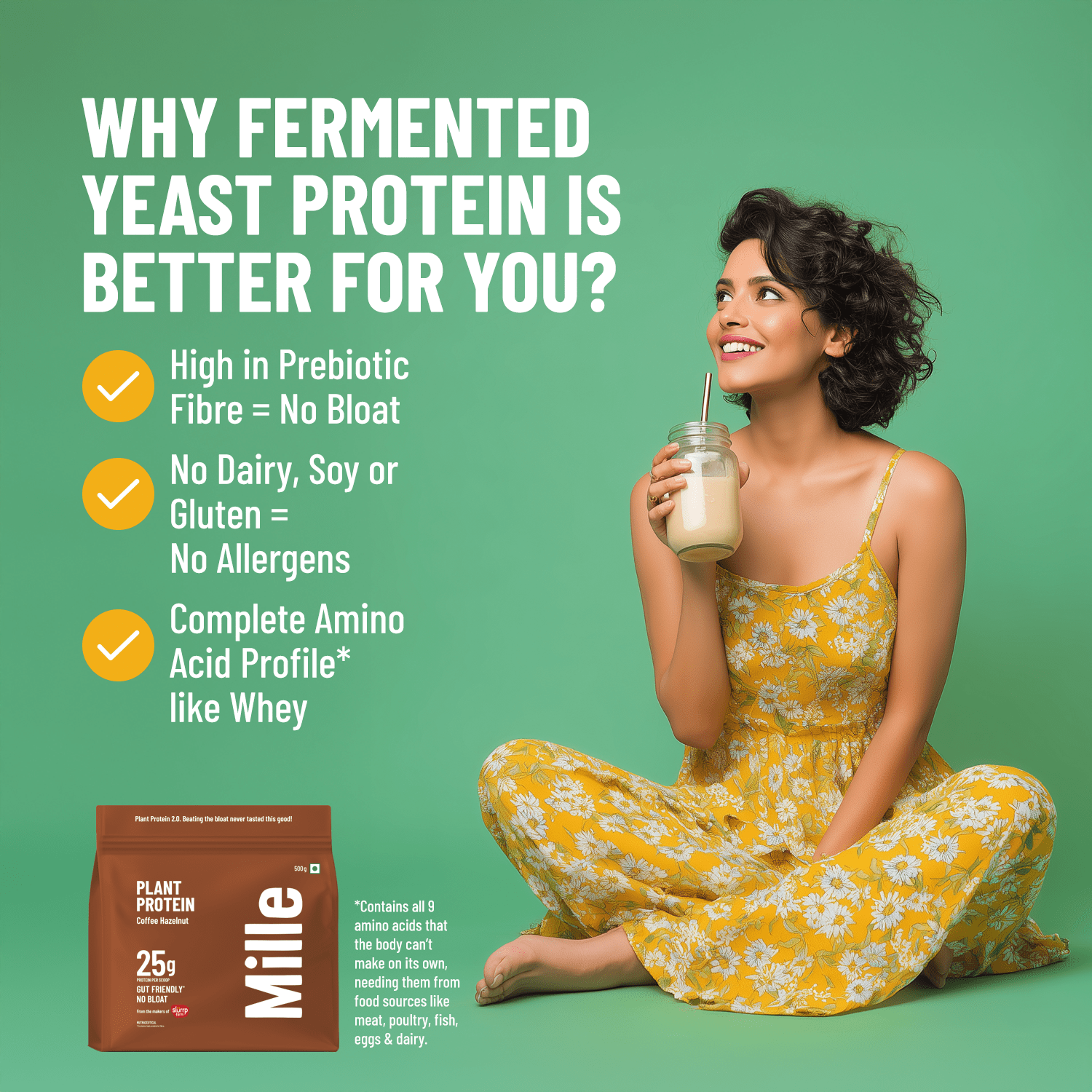 Slurrp Farm Mille Plant Protein | 25g/Scoop | Coffee Hazelnut | Fermented Yeast Protein | No Bloat I Vegan  | 500g