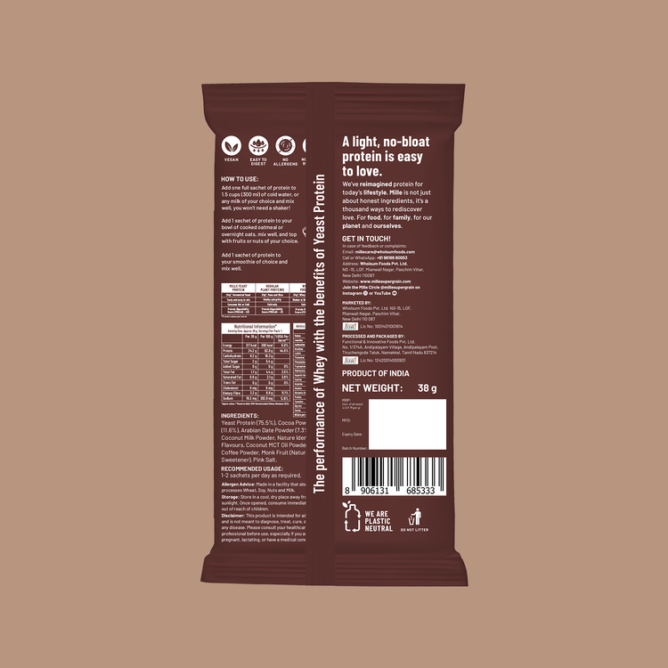Slurrp Farm Mille Plant Protein | 24g/Scoop | Chocolate  | Fermented Yeast Protein | No Bloat I Vegan  | Trial Pack