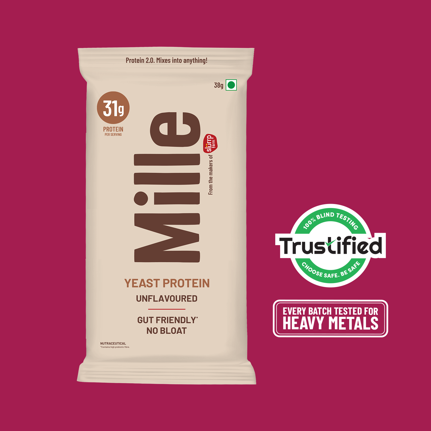 Slurrp Farm MSD Protein Mille Plant Protein | 31g/Scoop | Unflavoured | Fermented Yeast Protein | No Bloat I Vegan  | 38g Trial Pack