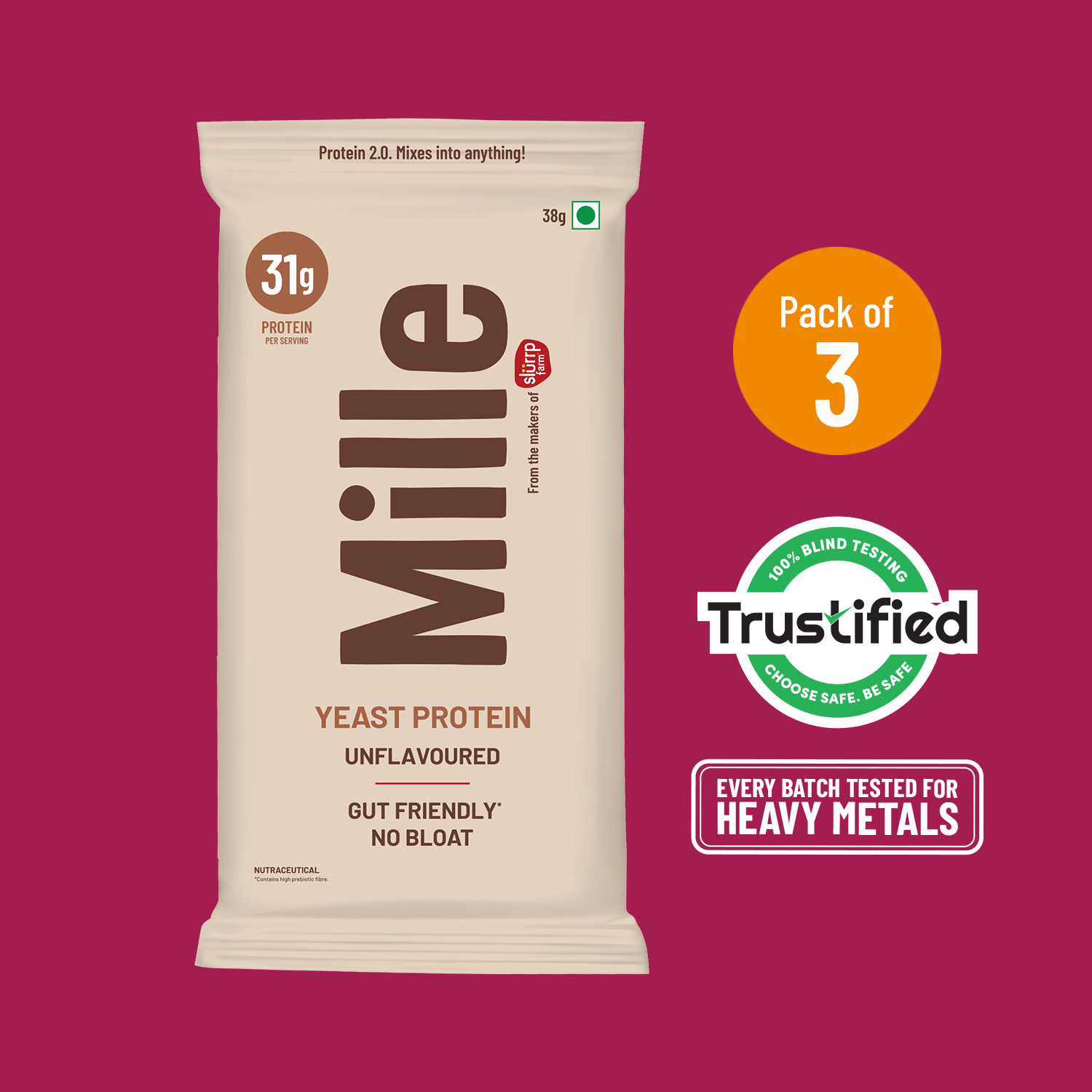 Slurrp Farm MSD Protein Mille Plant Protein | 31g/Scoop | Unflavoured | Fermented Yeast Protein | No Bloat I Vegan  | 38g Trial Pack (Pack of 3)